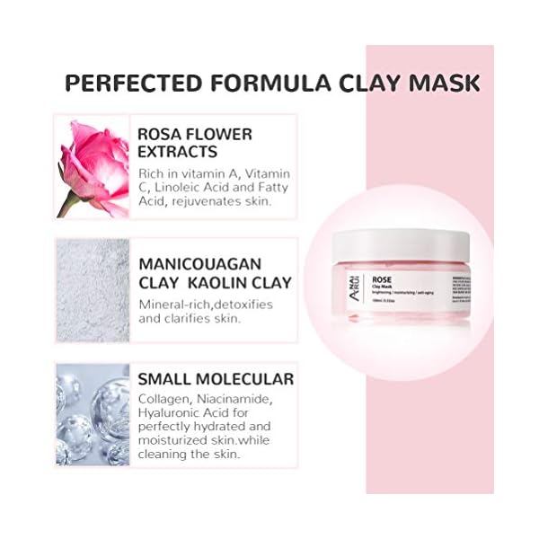 Rose-Clay-Facial-Mask-with-Kaolin-Pink-Clay-Niacinamide-Collagen-Hyaluronic-Acid-Moisturizing-Anti-Aging-Pores-Minimizers-Blackhead-Remover-Hydrating-Mud-Mask-423-oz ANAI RUI Rose Facial Mask, Clay Mask with Kaolin Pink Clay, Niacinamide, Collagen, Hyaluronic Acid for Moisturizing & Smooth Skin, Pores Minimizers, Blackhead Remover, 4.23 Oz