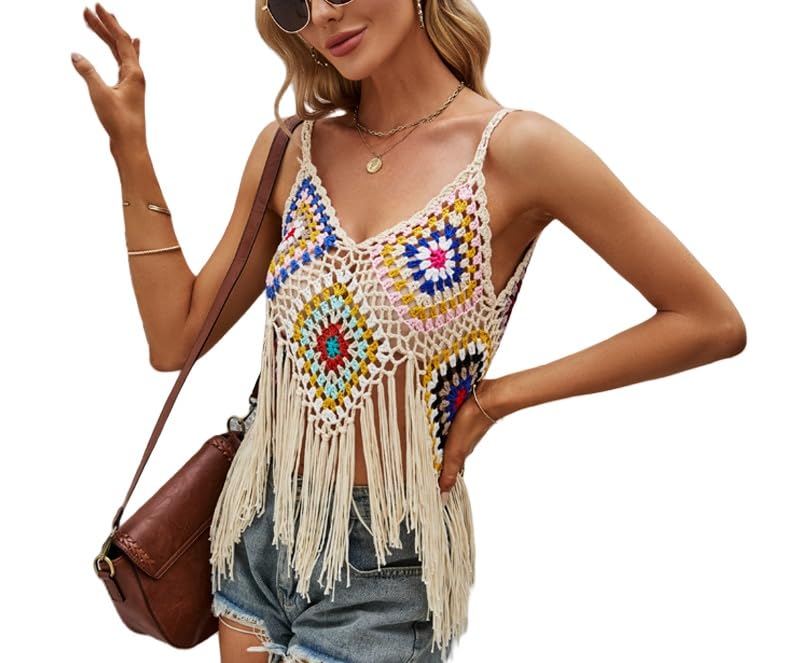 Canotta da Donna A Righe all'Uncinetto con Spalline Larghe, Colori A Contrasto, Maglia A Coste con Bottoni sul Davanti, Gilet Estivo Senza Maniche con Scollo A V E Traforato.