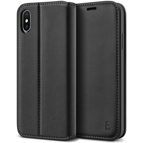 BEZ Funda para iPhone X/iPhone XS, Carcasa Compatible con iPhone X, iPhone XS, Libro de Cuero con Tapa y Cartera, Cover Protectora con Ranura para Tarjetas y Billetera, Cierre Magnético, Negro