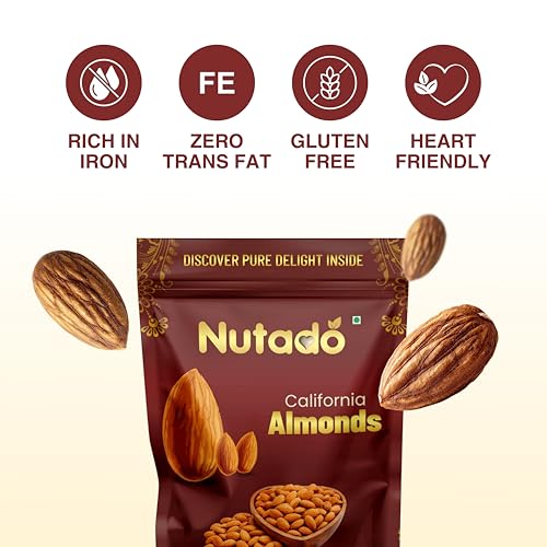 Image of Nutado Premium Dry Fruits Combo Pack | California Almonds 400g ( 200g x 2) | Fresh Crunchy Badam | Healthy Snacks | Daily Nutrition Offer Pack Raw Badam Giri | Nutritious & Delicious High in Fiber & Boost Immunity | Rich in Protein, Magnesium, Phosphorus and Dietary Fibre, Nuts & Dry Fruits Real Nuts | Gluten Free | | Zero Cholesterol