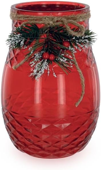 burton+BURTON burton + BURTON Large Red Translucent Vase with Twine and Holly Attachment, 8-inch Height, Tabletop Decoration, 9744099
