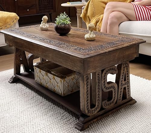 Coffee Table in Wood Rectangular 40x20x18 Burnt,Farmhouse Accent End Tables