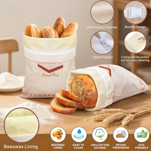 Mosucoirl Beeswax Bread Bags 2 Pack, Reusable Bread Storage Boxes for Homemade Sourdough, Cotton Food Bags Loaf Containers to Keep Fresh Large