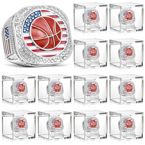 Landical 12 Set Basketball Championship Ring with Display Case and Stand Holder Championship Ring Box Acrylic Display Case and Holder Champion Trophy Rings for League Winner(Silver)