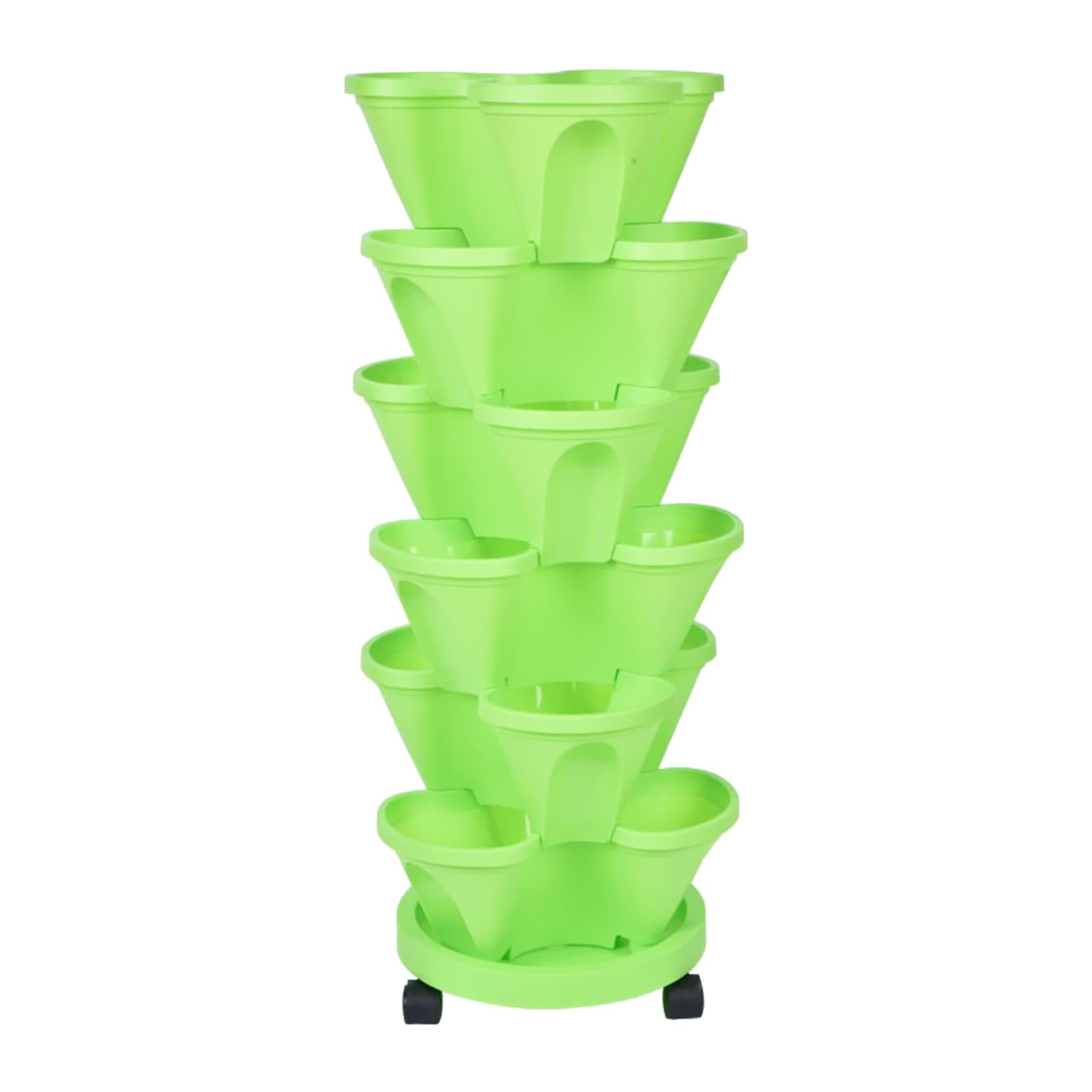 Torre de jardín vertical apilable de 6 niveles para cultivar fresas, hierbas, verduras y flores, macetas para interiores y exteriores, con ruedas extraíbles, decoración de porche verde