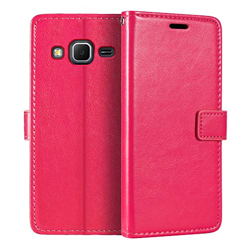 Étui Portefeuille en Cuir PU Compatible avec Samsung Galaxy Core Prime, Housse à Rabat Magnétique avec Emplacements Cartes et Fonction Support (Rouge Rose)