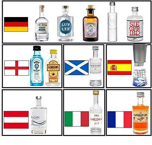 Gin Mini Set Probierset Weltreise 12 Gins aus aller Welt - Monkey 47, Siegfried, Luv & Lee, The Botanist, Bombay Sapphire, Saffron, Gin Mare, Poli Marconi 46, Organic Gin etc.