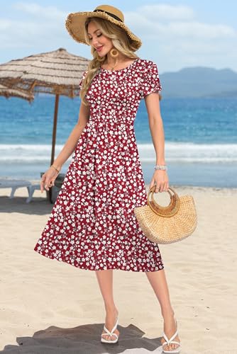 MOLERANI Kleider Damen Sommer - Rundhals Kurzarm Freizeit Kleider Hohe Taille Strandkleid mit Taschen Rotes Blumenmuster M 5