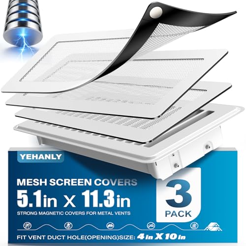 YEHANLY Magnetic Vent Covers with Vent Screen 5.1x11.3 Inch, White Mesh Vent Covers for Floor, Wall, Ceiling Air Vents, Ventilate While Prevent Objects from Entering, Air Vent Filters 3 Pack