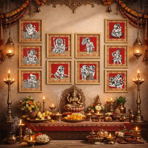 Image of Dashavatar Wall Art Paintings With Frame For Living Room | 10 Avatars of Lord Vishnu Framed Paintings | Sacred Hindu Spiritual Wall Decor Poster for Home, Pooja Room, Gifting, Set of 10, Size 24x24 cm