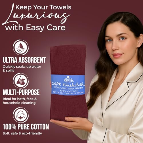 Image of DAN RIVER 24 Pack Wash Cloths for Showering [12x12] - 100% Cotton Washcloths Premium Quality Flannel Face Cloths for Bathroom, Highly Absorbent and Soft Feel Wash Clothes, Pomegranate