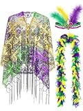 Jansun 3Pcs Mardi Gras Costume Accessory Outfit Set Shawls Wraps Mardi Gras Feather Headband Feather Boa Long Poncho Cape Mardi Gras Yellow Green Purple Headwear Cape for Women Carnival Party Favor