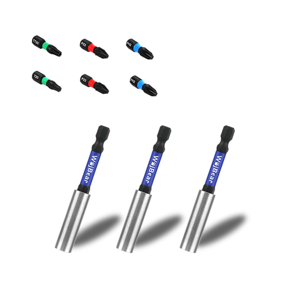 WojBear 3 PCS Magnetic Extension Bit Holder Set, 3 * 75mm Drill Bit Holder for Impact Driver with 6 PCS Screwdriver Bits