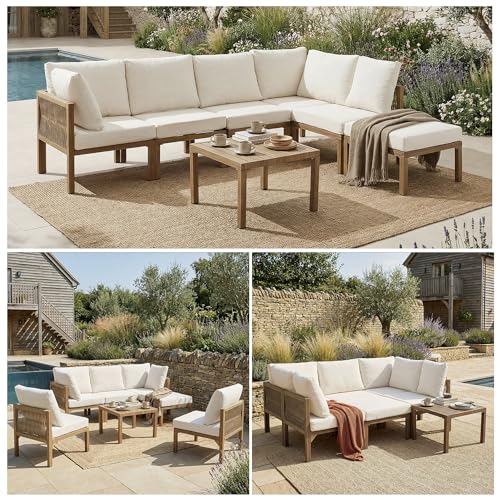 Yihomfy Salon de Jardin Extérieur Modulaire 6 Places avec Table, Canapé d'angle et Pouf, 7 Pièces, Beige/Bois, Design Flexible pour Jardin, Piscine ou Terrasse