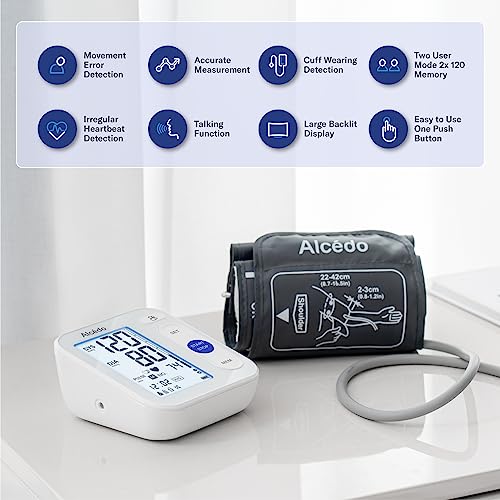 Alcedo Blood Pressure Monitor For Home Use, Accurate Digital Upper Arm Bp Machine With 8.7 To 16.5 Inch Cuff, 2X120 Memory, Large Backlit Screen, Battery Included, Talking Function #TOP2
