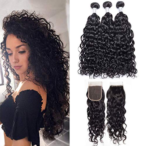 Fengde Hair 8A Brazilian Water Wave Virgin Hair 3 Bundles 100% Unprocessed Human Hair With 4x4 Lace Closure(121416+12Lace Closure)