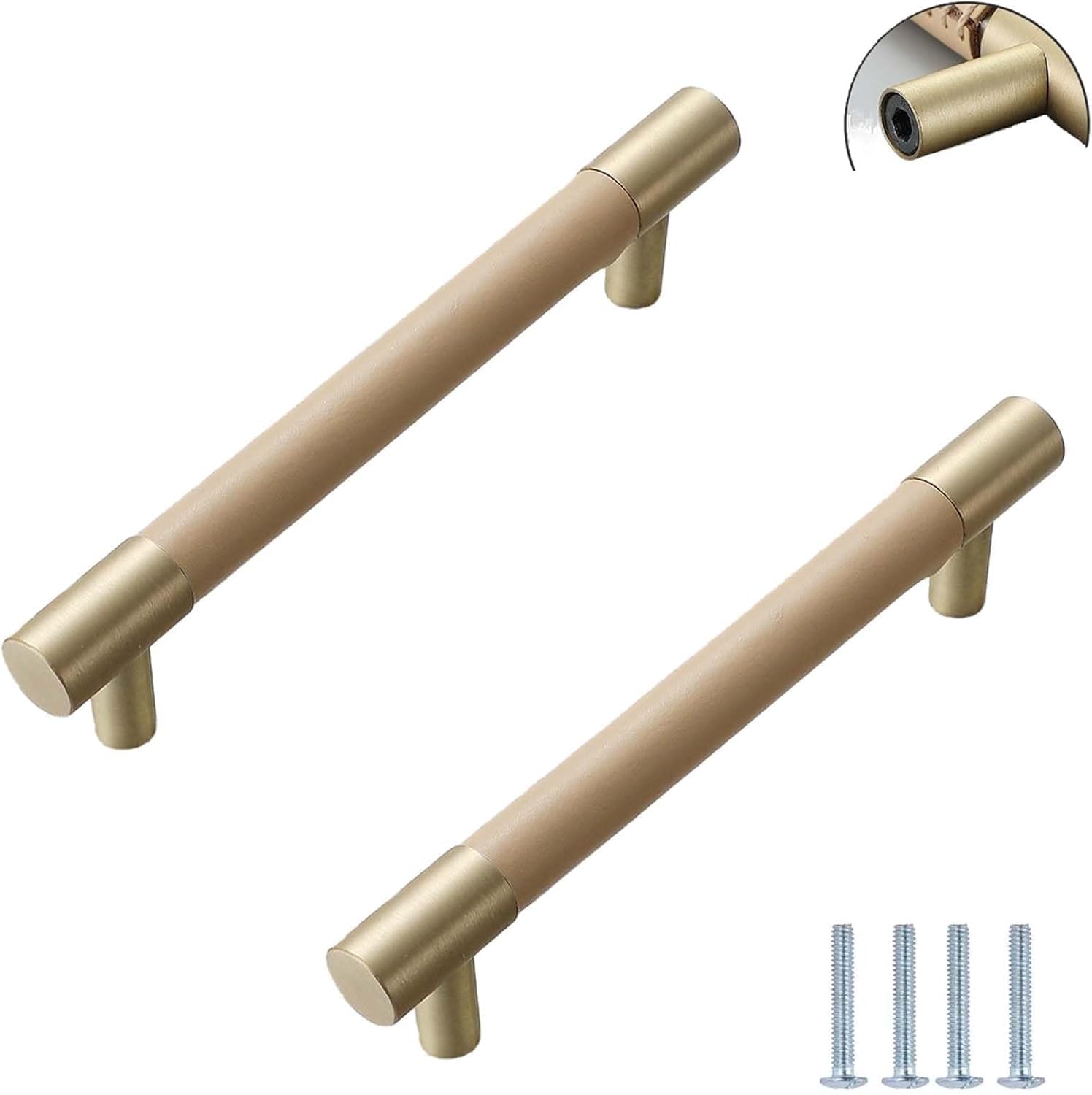 Htlcdz Beige Hole Distance 224Mm Door Knobs 2 Pack Brass Cabinet Door Knob And Handle Wardrobe Drawer Wine Cabinet Leather Handle,Beige - Hole Distance 224Mm