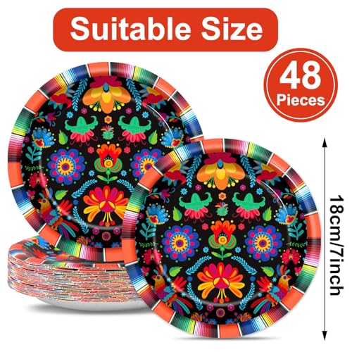 Image of 48PCS Mexican Fiesta Paper Plates 7 inch Fiesta Party Plates Disposable,Mexico Mayo Dessert Plate Supplies Decor for Day of The Dead Dia De Los Muertos Taco Dance Pinata Colorful Ponchos Dinner Tableware