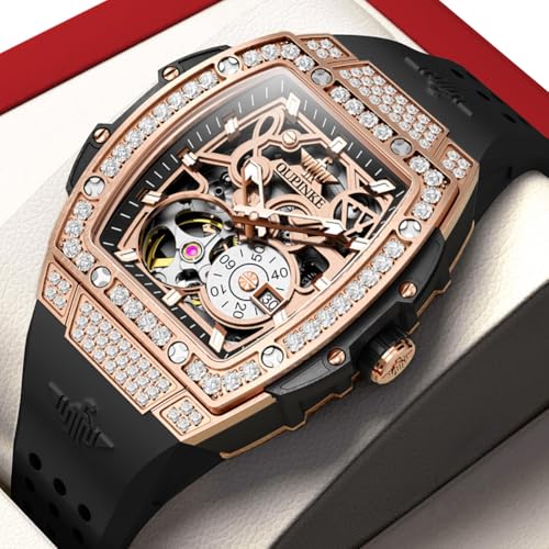 Image of OUPINKE Automatic Watches for Women Fashion Hollow Skeleton Squre Womens Watches Diamonds Rose Gold Waterproof Luminous Mechanical Ladies Watches Red White Soft Silicone Strap