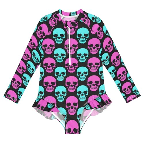 Skull Girls Long Sleeve Rashguard Swimsuit UV Protection One-Piece Swimwear Bathing Suit B0404357