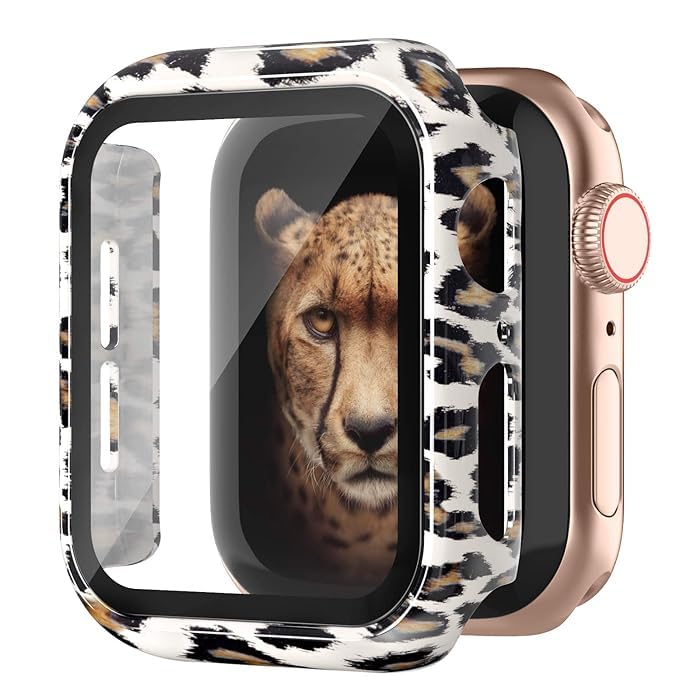 picau- pau Apple Watch Case 41mm, Series 7/8 / 9, Slim Hard PC Bumper Case, Built-in 9H Hardness Tempered Glass Screen Protector (41mm, WHITE LEOPARD)