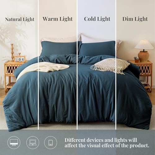 Image of MILDLY Duvet Cover Cal King Ultra Soft Bedding Set 3pcs, Peacock Blue | Washed Microfiber Cotton-Like, Breathable Comfort, Hidden Zipper, 8 Corner Ties, OEKO-TEX Certified, Fade Resistant