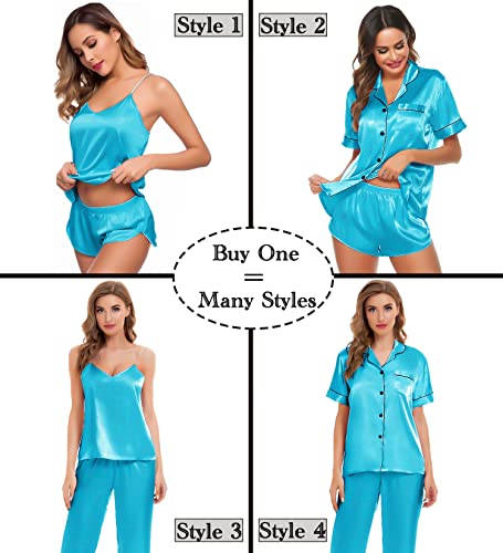 Image of SWOMOG Womens Silk Satin Pajamas Sets 4pcs Sleepwear Sexy Cami Shorts Set and Button Down Short Sleeve Pjs Loungewear Light Blue XX-Large