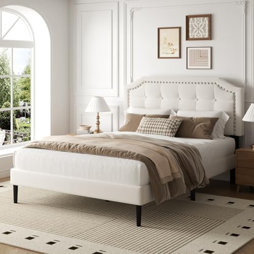 Queen Size Bed Frame, Queen Size Platform Bed Frame with Upholstered Button Tufted Headboard, Strong Wood Slats, No Box Spring Needed, Mattress Foundation, Easy Assembly Beige - Image 4