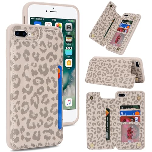iCoverCase Compatible with iPhone 8 Plus/7 Plus Wallet Phone Case with Card Holder for Women Men RFID Blocking Card Slots PU Leather Protective Case (Beige Leopard)