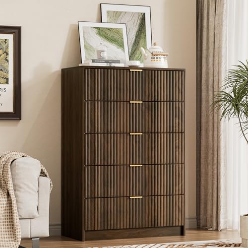 Image of Furniway 3 Piece Bedroom Set, 5 Drawer Dresser and 3-Drawer Nightstand Set of 2 with Gold Handles, Mid-Century Modern Wood Chest of Drawers Storage Cabinet for Bedroom, Walnut