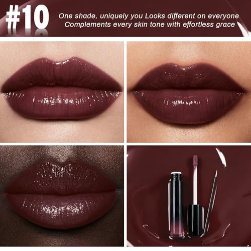 Image of evpct Brown Eggplant Purple Shiny Longwear No-Budge Liquid Lip Color Lipstick Makeup, Highly Pigmented Color Instant Shine, Waterproof Long Lasting Lipstick Lip Stain Gloss with Lip Liner Brush, 10#