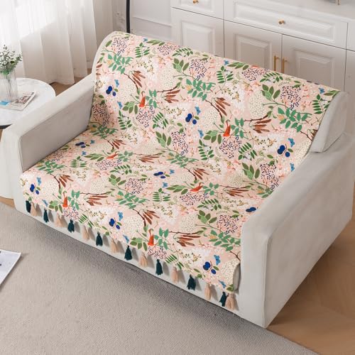 Image of HOKIPO Printed Holland Velvet Sofa Cover with Tassels for 2 Seater Sofa | Full Protection for Sofa Seat and Back | 'Whispers of Nature' (160x120 cm), Beige Woodland Bloom (IN-1126-D4)