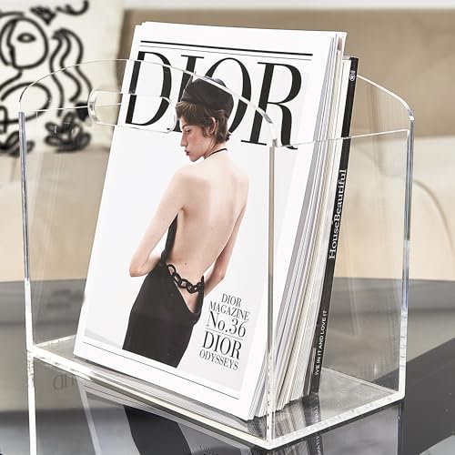 Meicloud Magazine Rack - Clear Acrylic Magazine Holder, Acrylic Newspaper Stand Organizer with handles, Modern Lucite Magazine and Book Basket Box for Bathroom, Bedroom, Living Room and Office