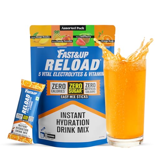 Image of Fast&Up Reload Electrolytes Powder Sachets | Zero Added Sugar Hydration Drink with 5 Essential Electrolytes Vitamin C & B12 | Summer Heat, Workout Recovery, Travel & Wellness | Assorted Pack of 20 Sachets