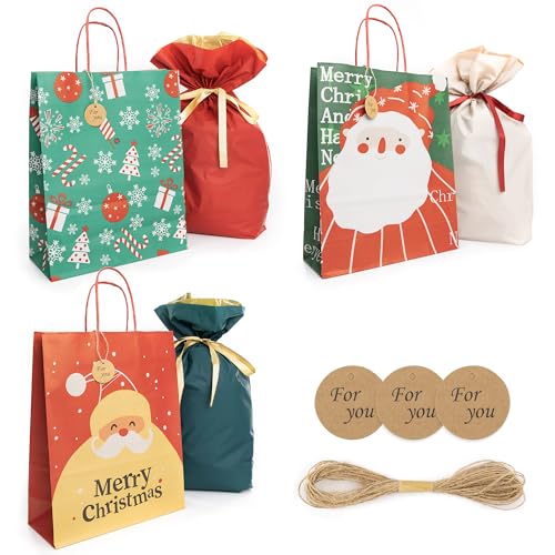 【バイカラー・様々なシーンで活躍】 ラッピング 紙袋 プレゼント ギフトラッピング 袋 プレゼント ラッピング 袋 特大 大 包装袋 プレゼント袋 大きい 誕生日 ギフト ギフトバッグ ギフト袋 プレゼント用 小 ラッピング用品 可愛い 小さい (クリスマスセット(紙袋*3+巾着袋*3))