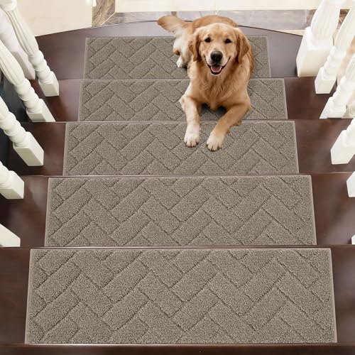 BEQHAUSE Stufenmatten, Anti-Rutsch-Treppenläufer Treppenstufen für hölzerne Schritte Innen Maschine waschbar 22x70cm Treppenstufen mit TPE - Rücken, für Kinder Ältere Haustiere, Beige, 15 Stück