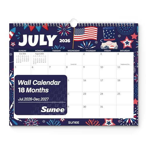 SUNEE Wall Calendar 2026-2027 18 Months Jul. 2026 - Dec. 2027, 14.5'x11.5' Big Grid Hanging Calendar...