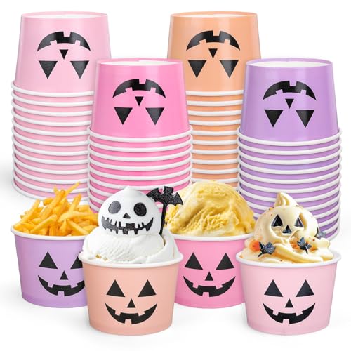 JarThenaAMCS 48 Pcs Halloween Snack Cups Ghost Pumpkin Face Disposable Bowls 9oz Colored Ice Cream Dessert Treat Paper Bowls for Trick or Treat Birthday Baby Shower Party Food Supplies