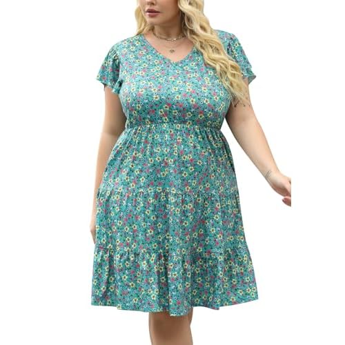 Celkuser Plus Size Floral Summer Dress with Pockets