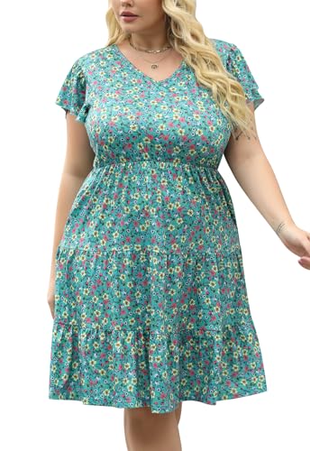 Image of Celkuser Womens Plus Size Summer Casual Midi Dress Short Ruffle Sleeve Tiered Empire Waist T-Shirt Dress with Pockets