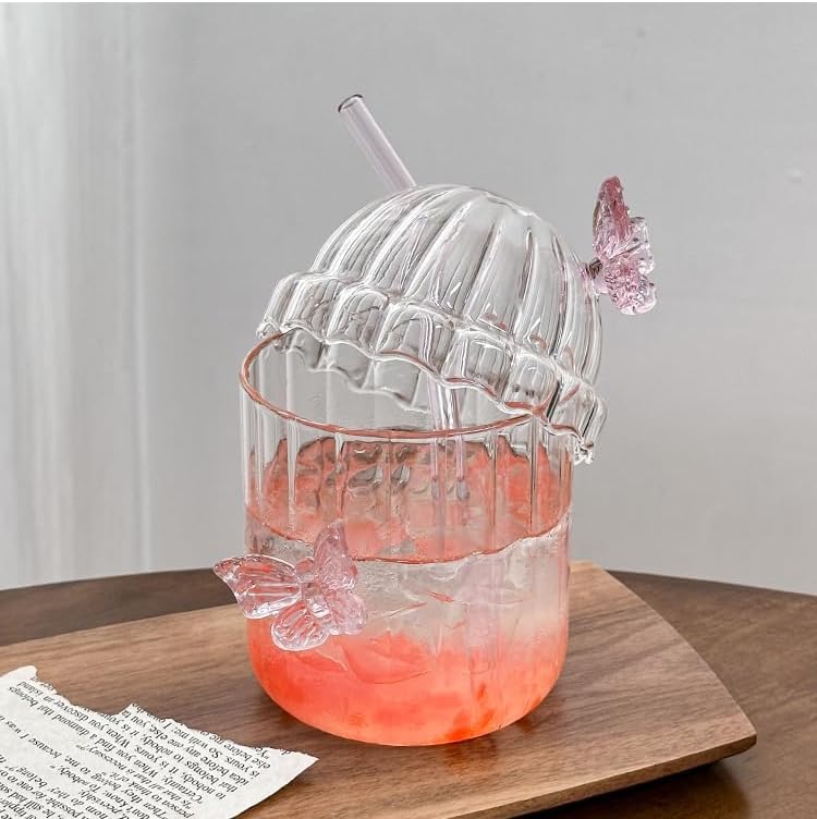 Image of Pink Butterfly Glass Cup with Lid and Straw,3D Butterfly Glass Tumbler Cute Aesthetic Cups Vintage French-Style Drinking Glasses for Hot and Cold Beverages Juice,Cocktail,Whiskey,Milk