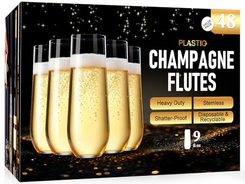 Guanqiao 48 Pack Stemless Plastic Champagne Flutes 9 oz Clear Disposable Plastic Glasses Heavy Duty Shatterproof Recyclable Mimosa Glasses for Party Wine Tasting Wedding New Years Eve Party Supplies