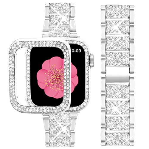 SUPOIX Compatible with Apple Watch Band 45mm + Case, Women Jewelry Bling Diamond Metal Strap & 2 Pack Protective Cover Cases for iWatch Series 9/8/7(Silver)