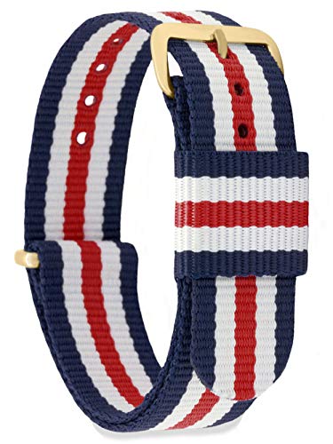 Preisvergleich Produktbild MOMENTO Damen Herren NATO Nylon Ersatz Uhren-Armband Strap mit Edelstahl-Schliesse in Gelb-Gold und Nylon-Armband in Blau Weiss Rot 18mm