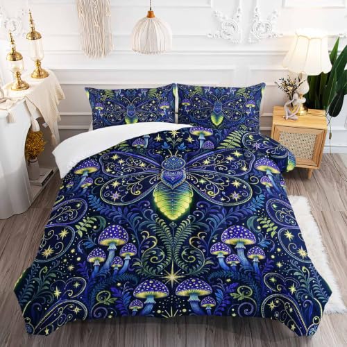 Image of AILONEN Full Comforter Set 3 Piece, Celestial Firefly Mushroom Garden 3D Printed Bedding with 2 Pillowcases, Soft Breathable Microfiber Whimsical Decor for Guest Room