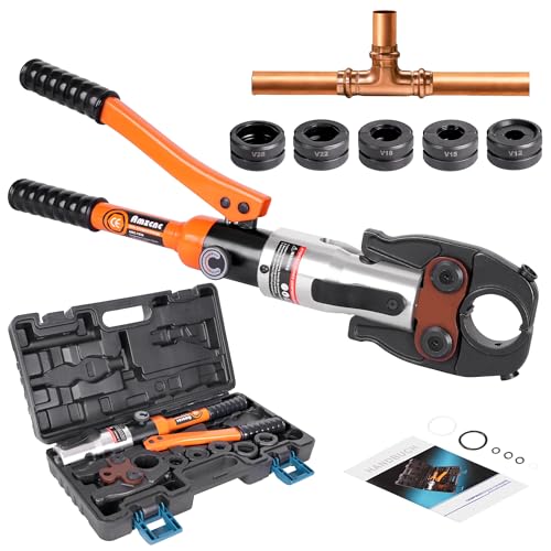 AMZCNC Profi Presszange (hydraulisch) Presswerkzeug V-Kontur(SC-Kontur) 12-15-18-22-28 Set Presswerkzeug HPZ mit 180 drehbarem Kopf für Kupferrohr C-Stahlrohr Edelstahlrohr Backeneinsätze V