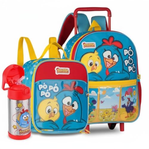 Kit Escolar Infantil com Mochila de Rodinhas, Lancheira Térmica e Garrafa Térmica 350 ml em Aço Inoxidável com Canudo de Silicone
