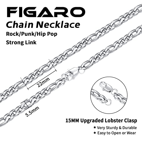 Image of Jewlpire 5.5mm 7mm Figaro Chain 14K Gold Plated Chain Necklace for Men, Stainless Steel Sturdy Mens Chains Necklace, 16 18 20 22 24 26 Inch