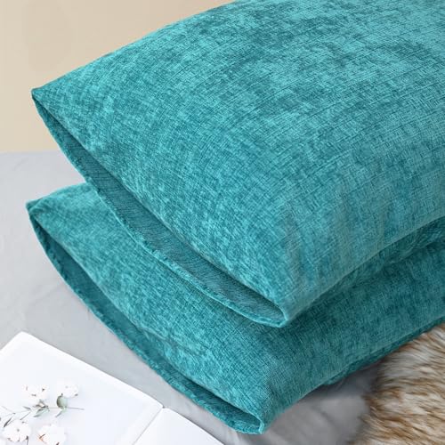 Image of CaliTime Pack of 2 Cozy Standard Pillow Shams Cases for Bed Bedding Decoration Solid Dyed Soft Chenille 20 X 26 Inches Lake Blue