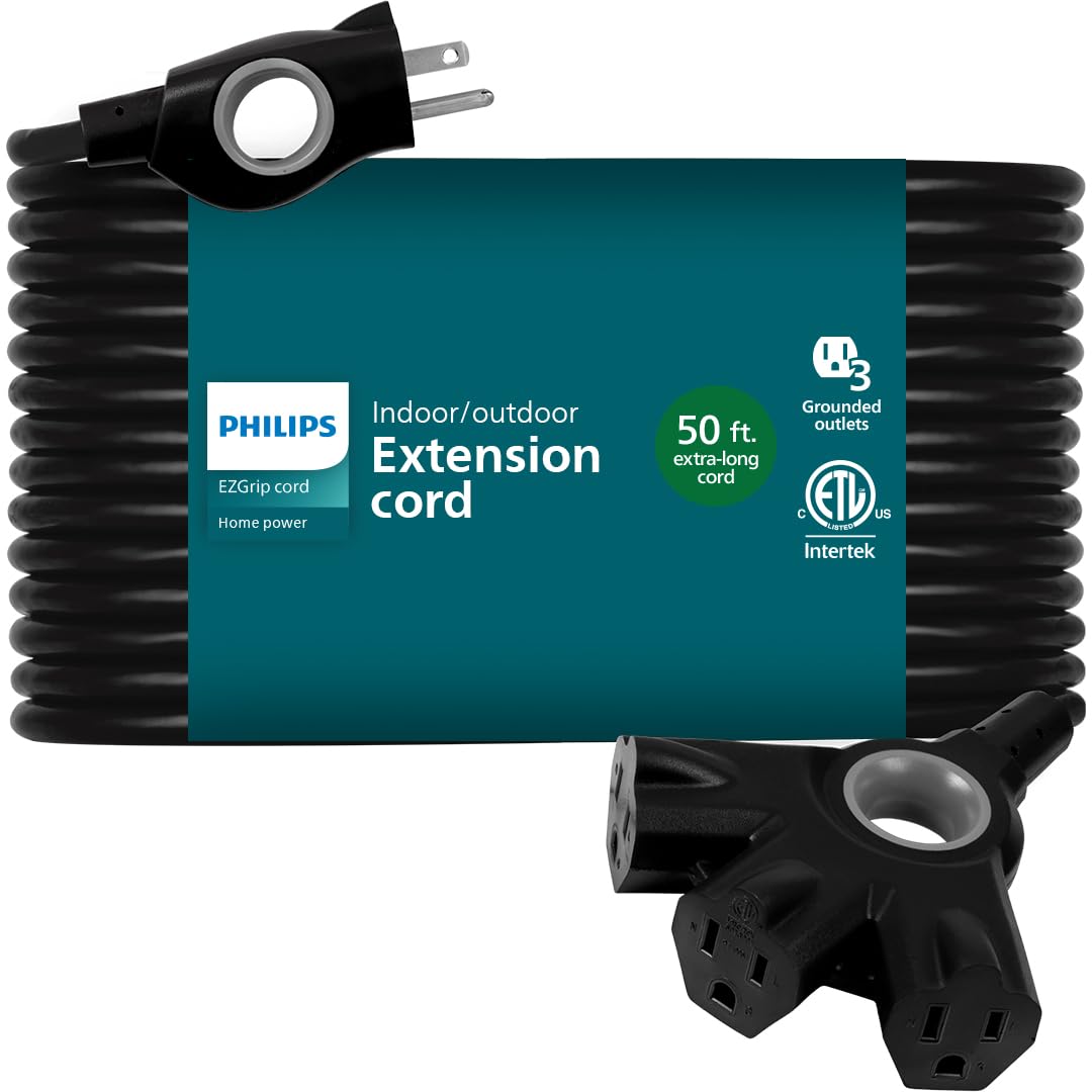 Philips EZGrip Outdoor Extension Cord with Multiple Outlets, Grounded 3 Prong Cord, Long Extension Cord Indoor with Multiple Outlets, Heavy Duty Extension Cord, 50 Ft, 16 AWG, Black, SPC3503ZB/37-T1